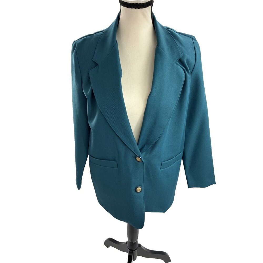 Alfred Dunner Womens 6P Teal Blazer Jacket Gold Button Classic Career Petite